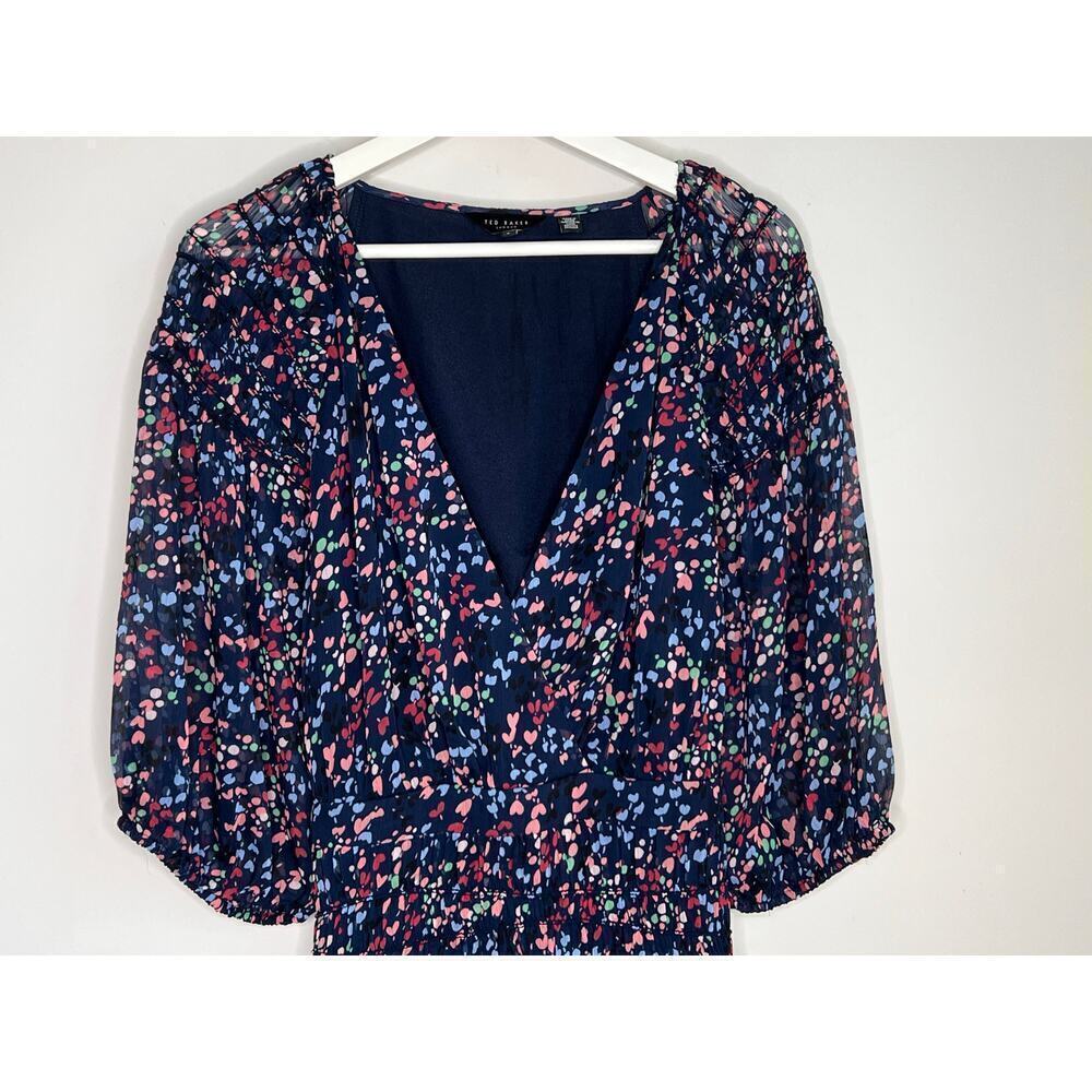 Ted Baker Casadee Puff Sleeve Smock Panel Wrap Mini Dress Navy Women's Size 6 - Picture 4 of 14